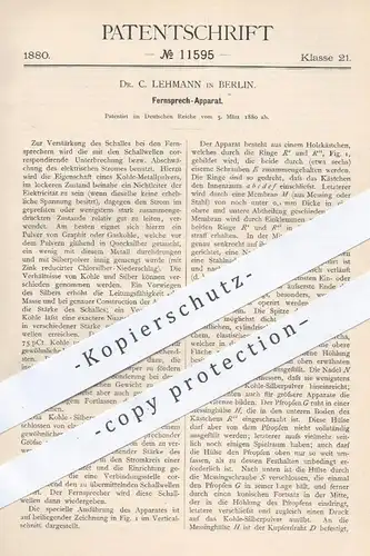 original Patent - Dr. C. Lehmann , Berlin , 1880 , Fernsprecher | Elektrik , Strom , Telefon , Telefonie , Elektrizität