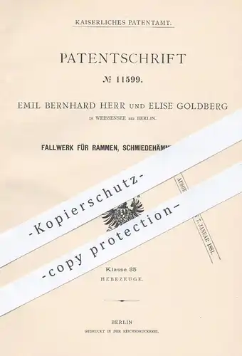 original Patent - Emil Bernhard Herr | Elise Goldberg , Weissensee / Berlin 1880 , Fallwerk für Rammen , Schmiedehammer