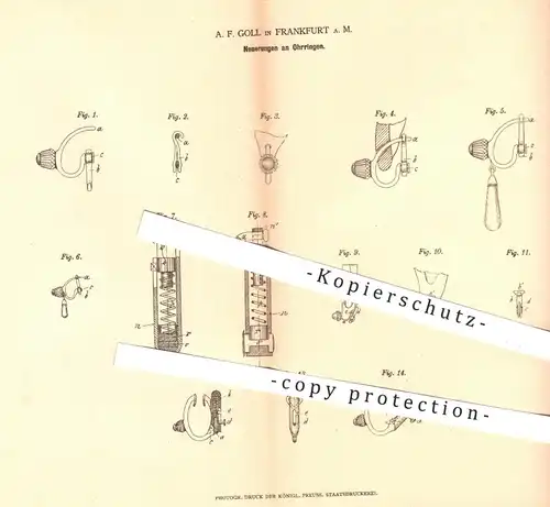 original Patent - A. F. Goll in Frankfurt am Main , 1878 , Ohrring , Ohrringe | Schmuck , Goldschmied , Gold !!!