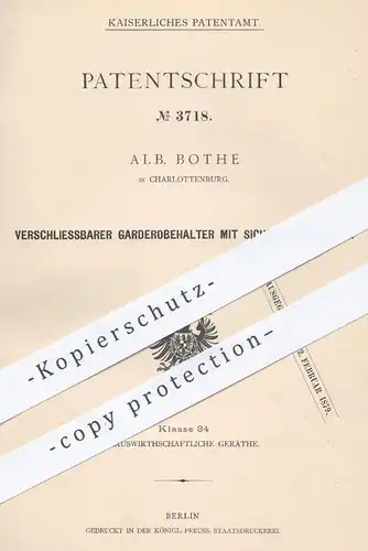 original Patent - Alb. Bothe , Berlin Charlottenburg , 1878 , Garderobehalter mit Schloss | Garderobe , Kleiderhaken !!!