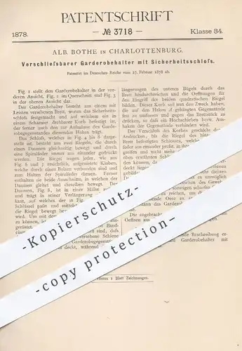 original Patent - Alb. Bothe , Berlin Charlottenburg , 1878 , Garderobehalter mit Schloss | Garderobe , Kleiderhaken !!!