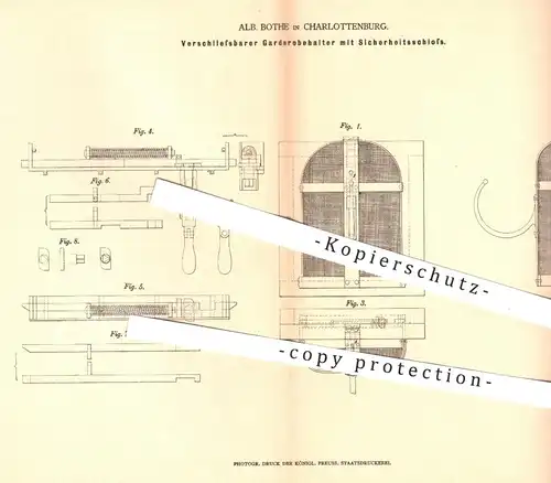original Patent - Alb. Bothe , Berlin Charlottenburg , 1878 , Garderobehalter mit Schloss | Garderobe , Kleiderhaken !!!