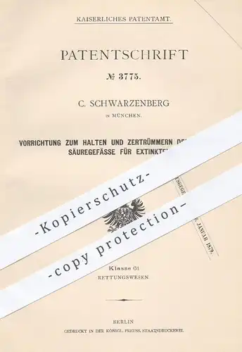 original Patent - C. Schwarzenberg , München , 1878 , Säuregefäße für Extinkteure | Arznei , Glas , Gefäße , Medikamente
