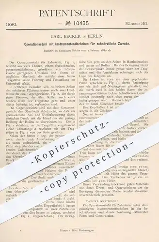 original Patent - Carl Becker , Berlin 1880 , Operationsstuhl für Zahnarzt | Zahnarztstuhl , Arzt , Zahn , Zähne , Stuhl