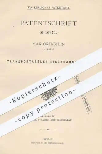 original Patent - Max Orenstein in Berlin , 1880 , Transportabeles Eisenbahngleis | Gleis , Gleise , Eisenbahnen !!!