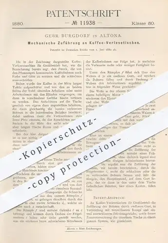 original Patent - Gebr. Burgdorf , Hamburg Altona , 1880 , Kaffee - Verlesetisch mit Zuführung | Kaffeerösterei , Mühle