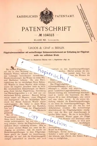 original Patent - Groos & Graf in Berlin , 1897 , Flügelradwassermesser mit Gehäusezwischenwand !!!