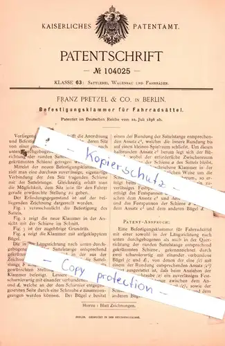 original Patent - Franz Pretzel & Co. in Berlin , 1898 , Befestigungsklammer für Fahrradsättel !!!