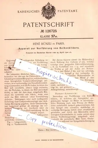 original Patent - Renè Bünzli in Paris , 1900 , Apparat zur Vorführung von Reihenbildern !!!