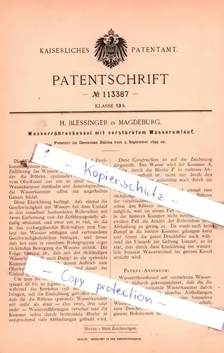 original Patent - H. Blessinger in Magdeburg , 1899 , Wasserröhrenkessel mit Wasserumlauf !!!