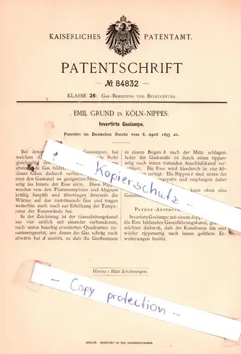 original Patent - Emil Grund in Köln-Nippes , 1895 , Invertirte Gaslampe !!!