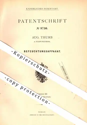 original Patent - August Thumb in Klein-Neusiedl , 1879 , Befeuchter für Papierfabrik , Papier , Wien !!!
