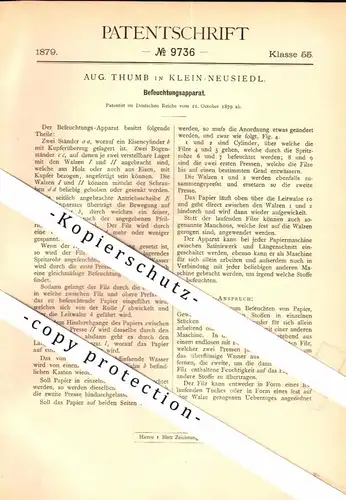 original Patent - August Thumb in Klein-Neusiedl , 1879 , Befeuchter für Papierfabrik , Papier , Wien !!!