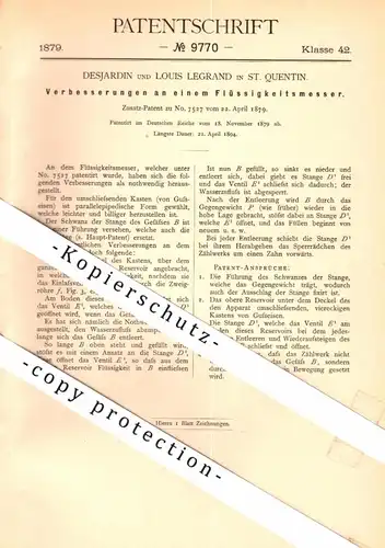 original Patent - Desjardin und Louis Legrand in Saint Quentin , 1879 , Flüssigkeitsmesser !!!