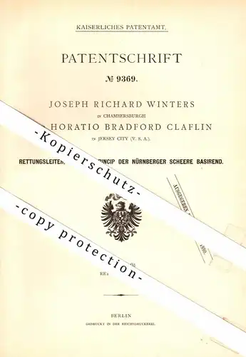 original Patent - J.R. Winters in Chambersburg und H.B. Claflin in Jersey City / USA , 1879 , Rettungsleiter , Feuerwehr