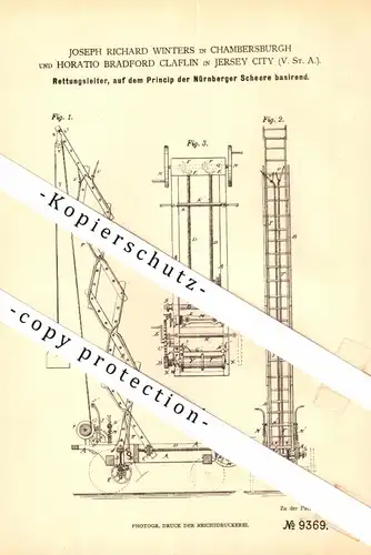 original Patent - J.R. Winters in Chambersburg und H.B. Claflin in Jersey City / USA , 1879 , Rettungsleiter , Feuerwehr