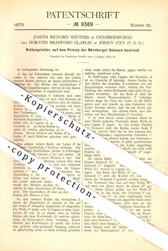 original Patent - J.R. Winters in Chambersburg und H.B. Claflin in Jersey City / USA , 1879 , Rettungsleiter , Feuerwehr