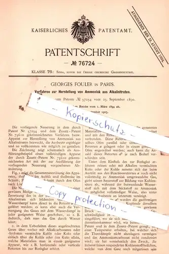 original Patent -  Georges Fouler in Paris , 1894 , Verfahren zur Herstellung von Ammoniak Alkalinitraten !!!