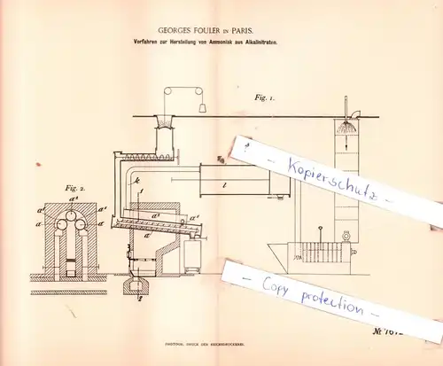 original Patent -  Georges Fouler in Paris , 1894 , Verfahren zur Herstellung von Ammoniak Alkalinitraten !!!