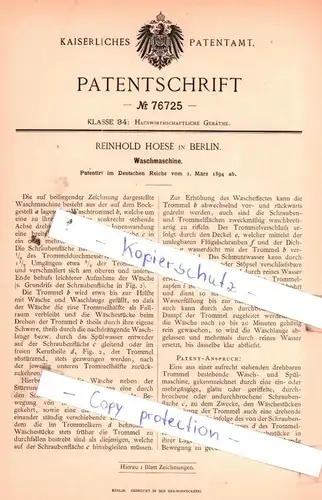 original Patent - Reinhold Hoese in Berlin , 1894 , Waschmaschine !!!