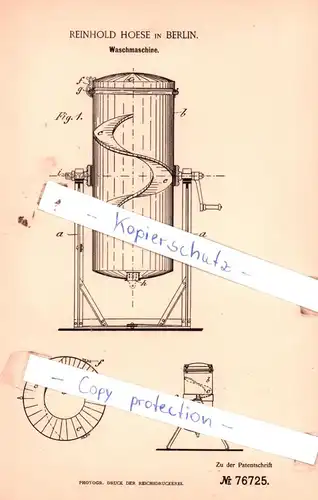 original Patent - Reinhold Hoese in Berlin , 1894 , Waschmaschine !!!