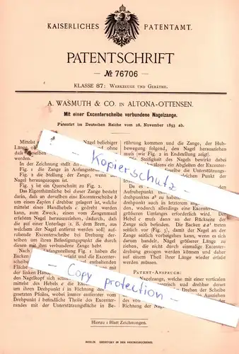 original Patent - A. Wasmuth & Co. in Altona-Ottensen , 1893 , Mit einer Excenterscheibe verbundene Nagelzange !!!