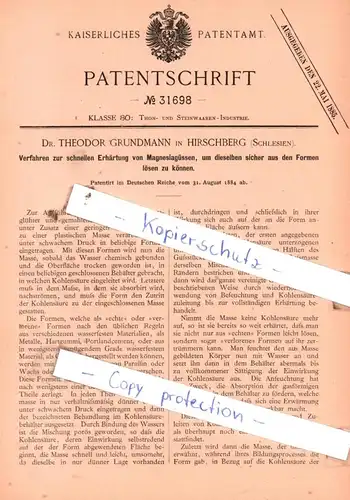 original Patent -  Dr. Theodor Grundmann in Hirschberg , Schlesien , 1884 , Thon- und Steinwaaren- Industrie !!!