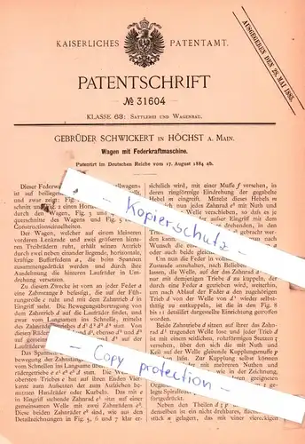 original Patent - Gebrüder Schwickert in Höchst a. Main , 1884 , Wagen mit Federkraftmaschine !!!