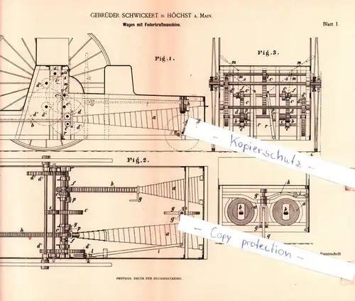 original Patent - Gebrüder Schwickert in Höchst a. Main , 1884 , Wagen mit Federkraftmaschine !!!