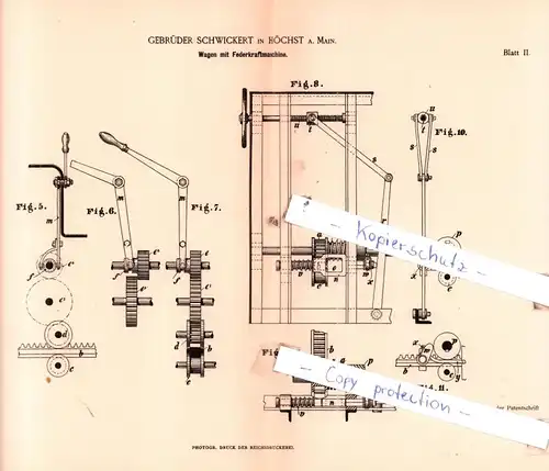 original Patent - Gebrüder Schwickert in Höchst a. Main , 1884 , Wagen mit Federkraftmaschine !!!