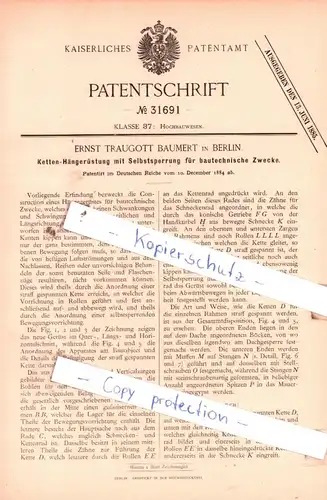 original Patent - E Traugott Baumert in Berlin , 1884 , Ketten-Hängerüstung mit Selbstsperrung !!!