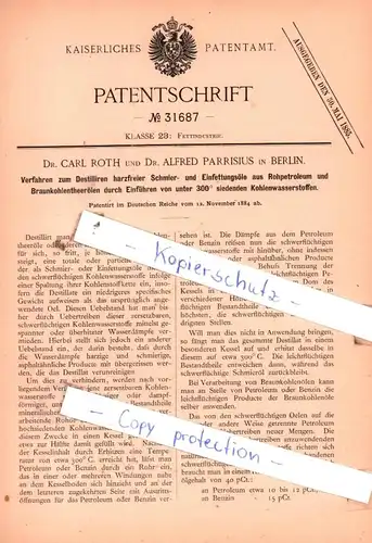 original Patent - Dr. Carl Roth und Dr. Alfred Parrisius in Berlin , 1884 , Fettindustrie !!!