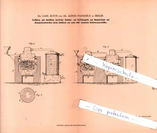 original Patent - Dr. Carl Roth und Dr. Alfred Parrisius in Berlin , 1884 , Fettindustrie !!!
