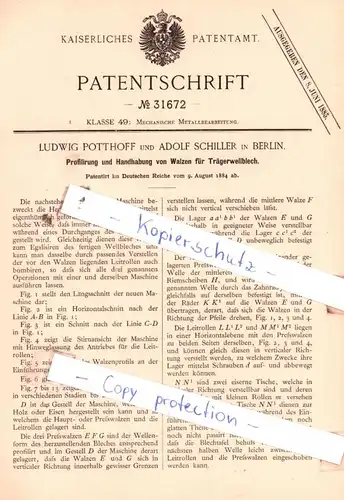 original Patent -  Ludwig Potthoff und Adolf Schiller in Berlin , 1884 , Mechanische Metallbearbeitung !!!