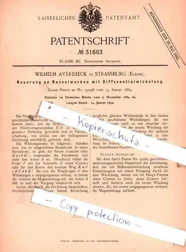 original Patent - Wilhelm Averdieck in Strassburg , Elsass , 1884 , Rasselwerken mit Differentialwickelung !!!