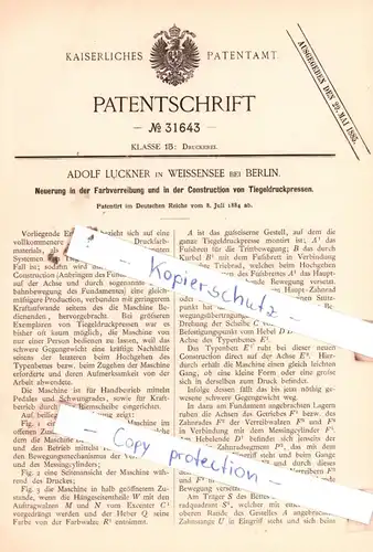 original Patent - Adolf Luckner in Weissensee bei Berlin , 1884 , Druckerei !!!