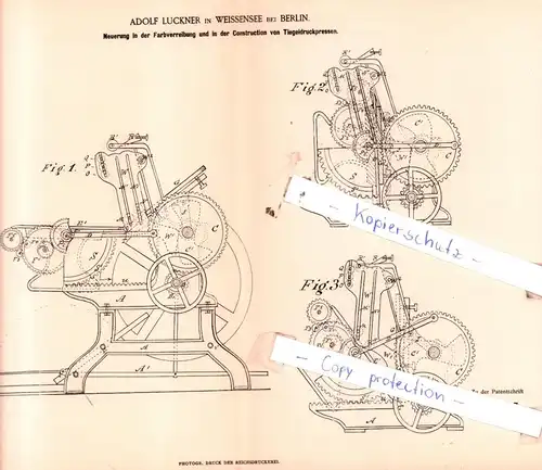 original Patent - Adolf Luckner in Weissensee bei Berlin , 1884 , Druckerei !!!