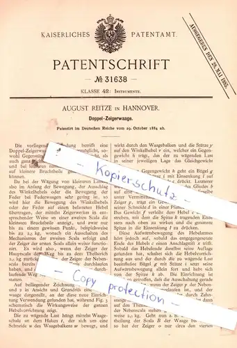 original Patent - August Reitze in Hannover , 1884 , Doppel-Zeigerwaage !!!