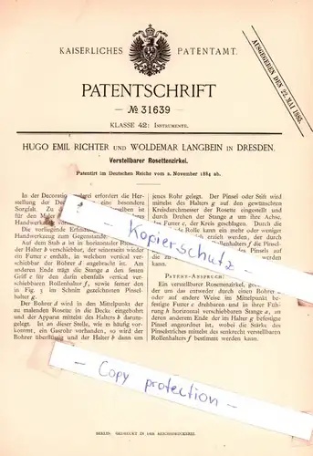 original Patent - Hugo Emil Richter und Woldemar Langbein in Dresden , 1884 ,  Rosettenzirkel !!!