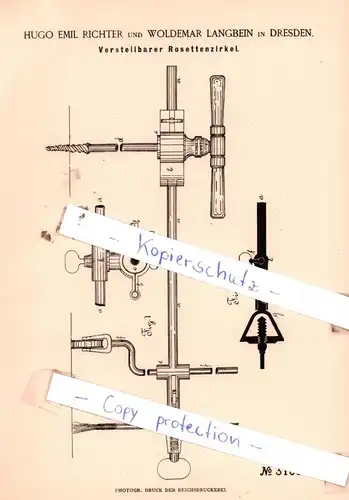 original Patent - Hugo Emil Richter und Woldemar Langbein in Dresden , 1884 ,  Rosettenzirkel !!!