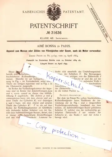 original Patent - Aimè Bonna in Paris , 1884 , Apparat zum Messen oder Zählen von Flüssigkeiten oder Gasen !!!