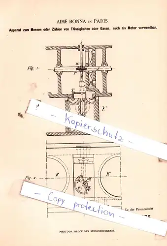 original Patent - Aimè Bonna in Paris , 1884 , Apparat zum Messen oder Zählen von Flüssigkeiten oder Gasen !!!