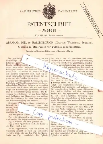 original Patent - Abraham Hill Marlborough , Grafsch. Wiltshire, England , 1884 , Dampfmaschinen !!!