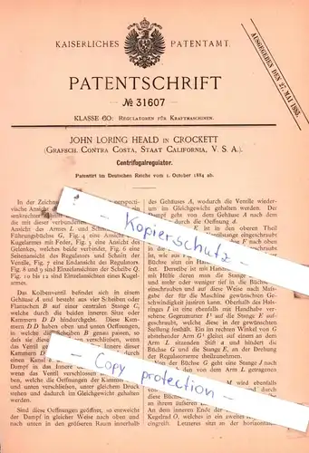 original Patent - John Loring Heald in Crockett , 1884 , Centrifugalregulator !!!