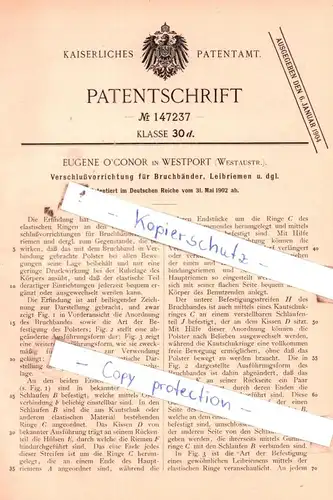 original Patent - Eugene O`Conor in Westport , Australien , 1902 , Verschluß für Bruchbänder und Leibriemen , Gürtel !!!