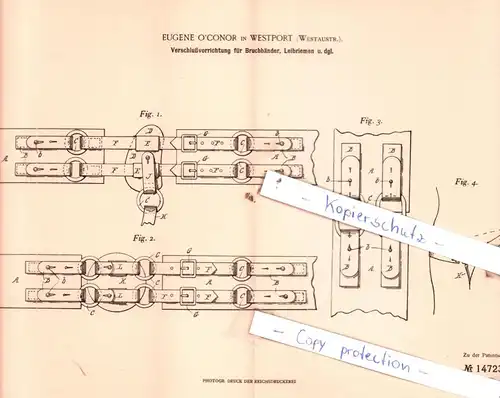 original Patent - Eugene O`Conor in Westport , Australien , 1902 , Verschluß für Bruchbänder und Leibriemen , Gürtel !!!