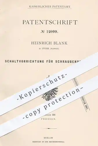 original Patent - Heinrich Blank , Uster , Schweiz , 1880 , Schaltvorrichtung für Schraubenpressen | Presse , Pressen !!
