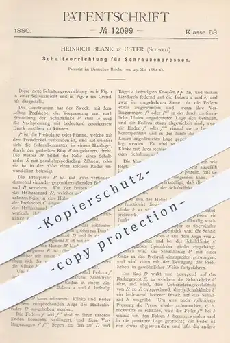 original Patent - Heinrich Blank , Uster , Schweiz , 1880 , Schaltvorrichtung für Schraubenpressen | Presse , Pressen !!