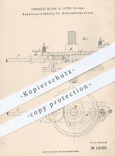 original Patent - Heinrich Blank , Uster , Schweiz , 1880 , Schaltvorrichtung für Schraubenpressen | Presse , Pressen !!