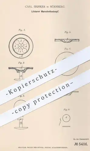 original Patent - Carl Brinker in Nürnberg , 1878 , Lösbarer Manschettenknopf | Manschetten , Kurzwaren !!!